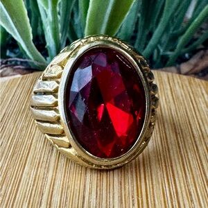 Bold Statement Ring Mens Size 11 Gold Tone Red Stone